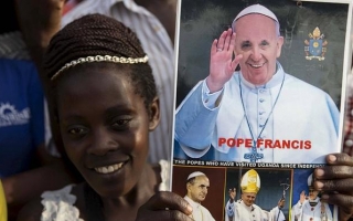 Pope Francis meets with priests, religious and seminarians in Kampala's cathedral, Uganda, Saturday, Nov. 28, 2015.