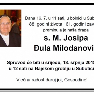 U Subotici je preminula s. Josipa, Đula MIlodanović