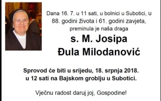 U Subotici je preminula s. Josipa, Đula MIlodanović
